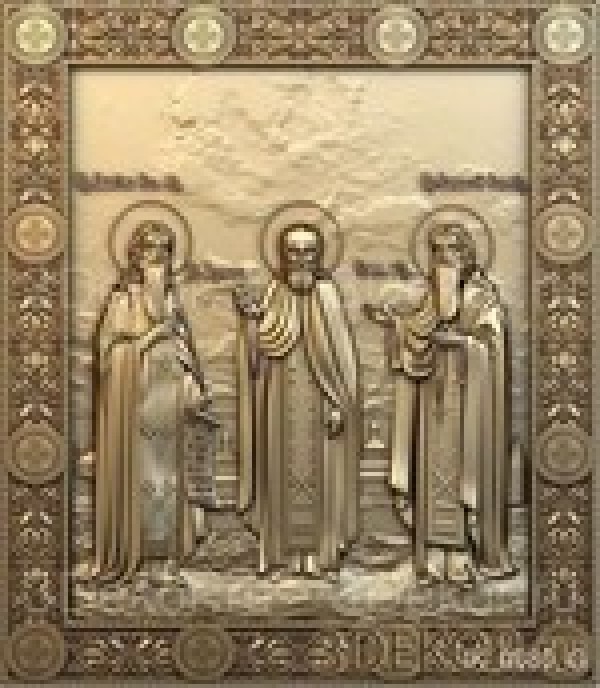 Икона резная Зосима, Герман и Савватий Соловецкие чудотворцы